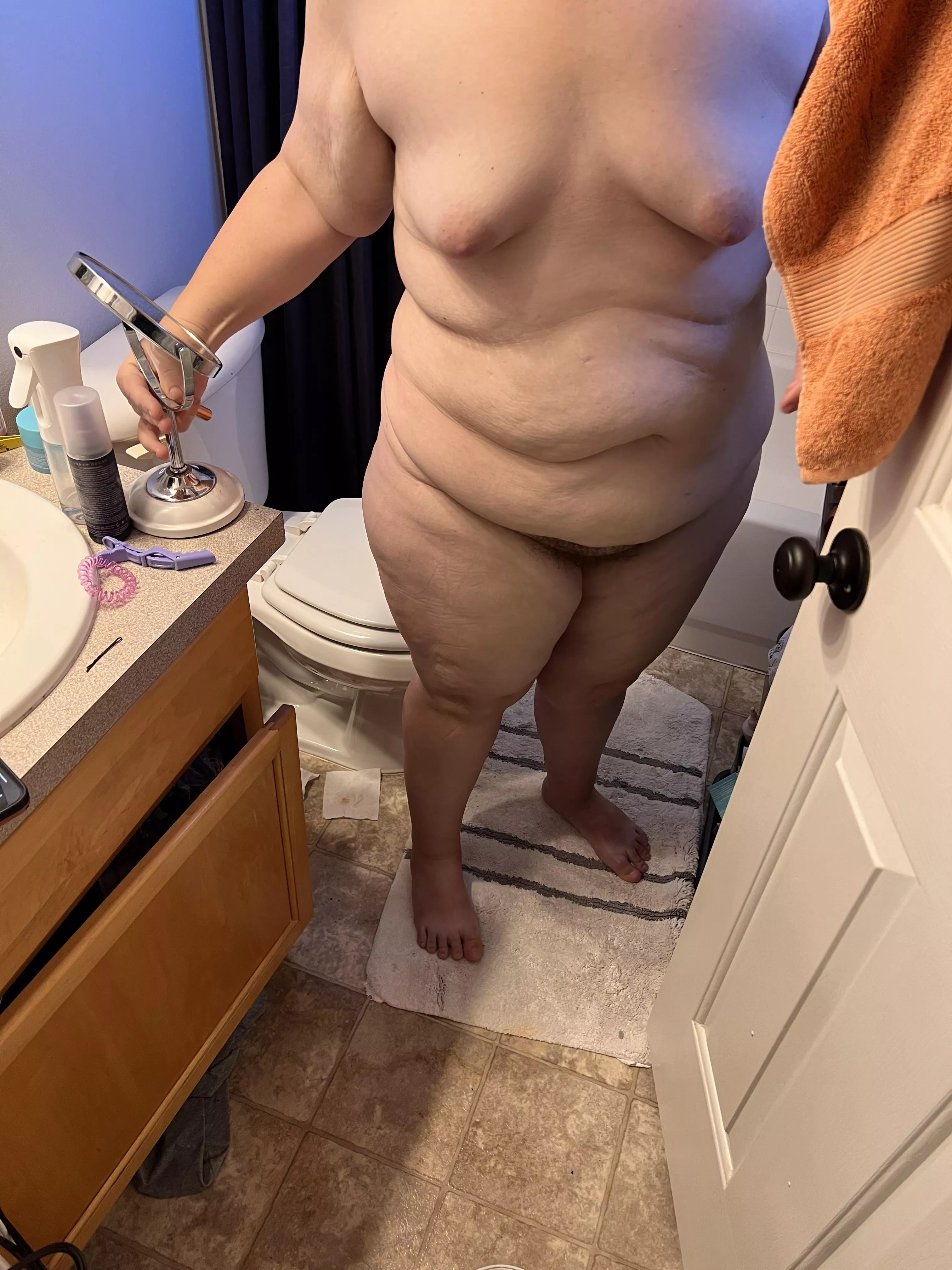 38f 235 lbs 5’3” chubby with small boobies. Husband loves my chubby body, I’m uncomfortable with my tummy..