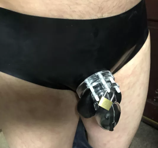 Double chastity: latex chastity pants and cb6000s