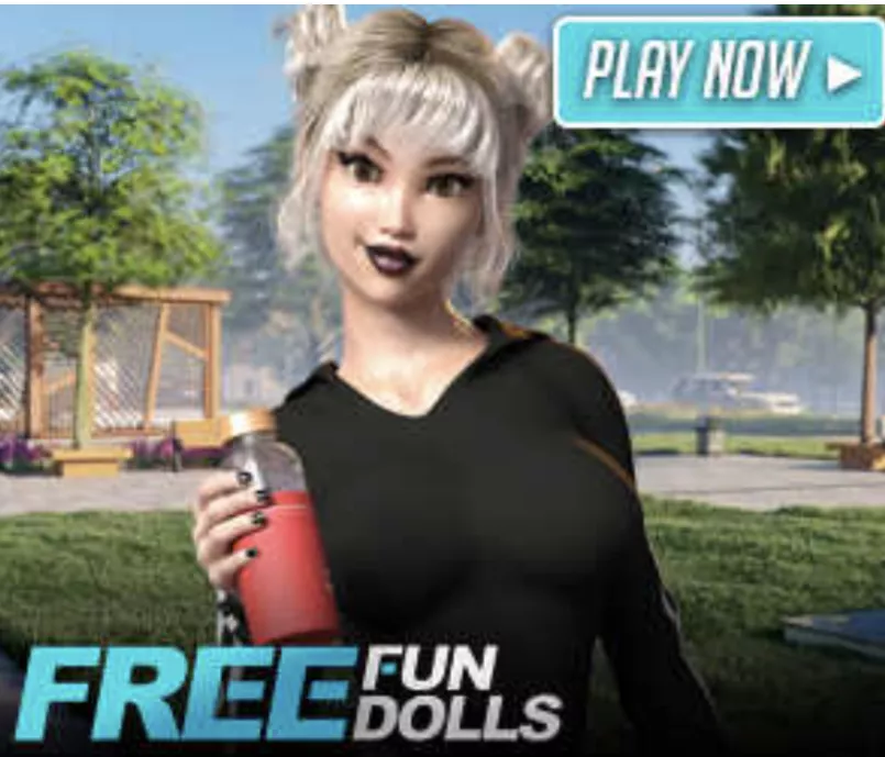 LF Color source: White hair, Red water bottle, 3D, FREE FUN DOLLS, PLAY NOW, Big boobs, Purple lipstick, black long sleeve shirt, park, black nail polish