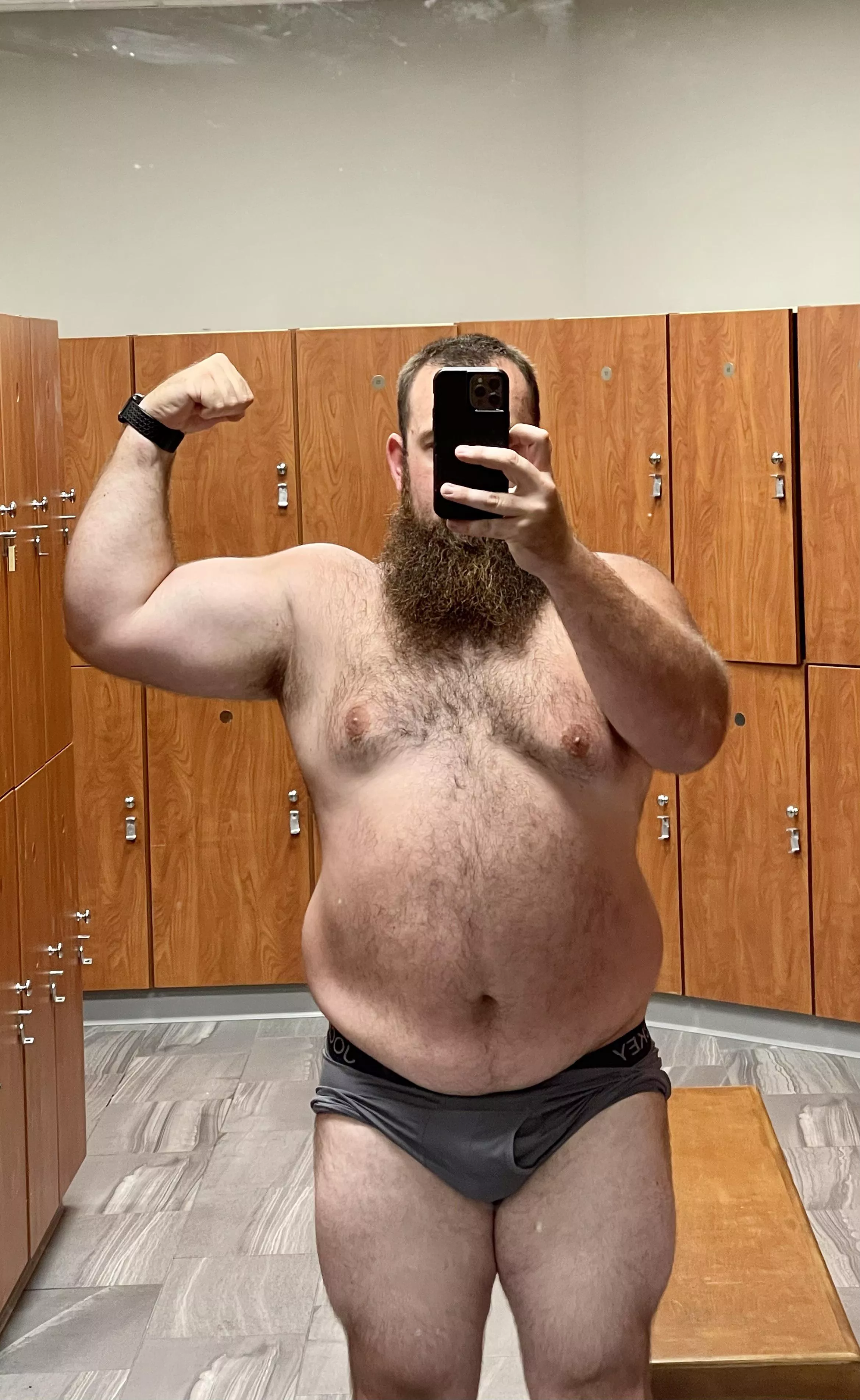 First time posting here to see if thick bearded guys are welcome. Here is the beard and a post workout pump. Should I show the boner?