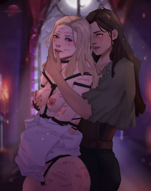 “How sweet you look all wrapped up for me like a present.” Two of my OCs having some fun. Artwork by Senekart