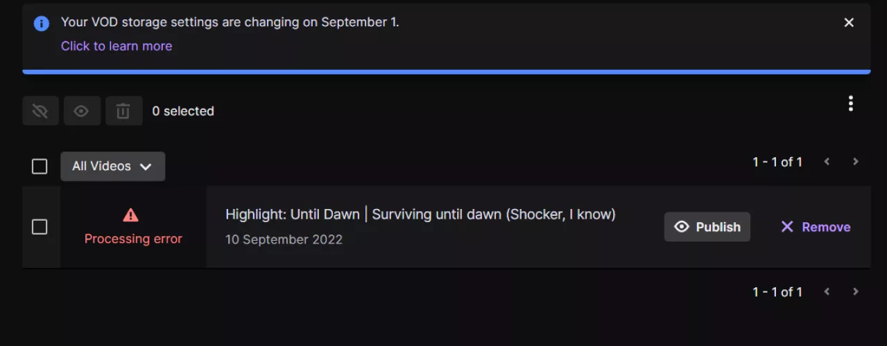 Highlight stuck like this, won't let me do anything with it. The VOD also doesn't show up even after having it enabled. Please help, I don't want to have wasted 9 hours for nothing.