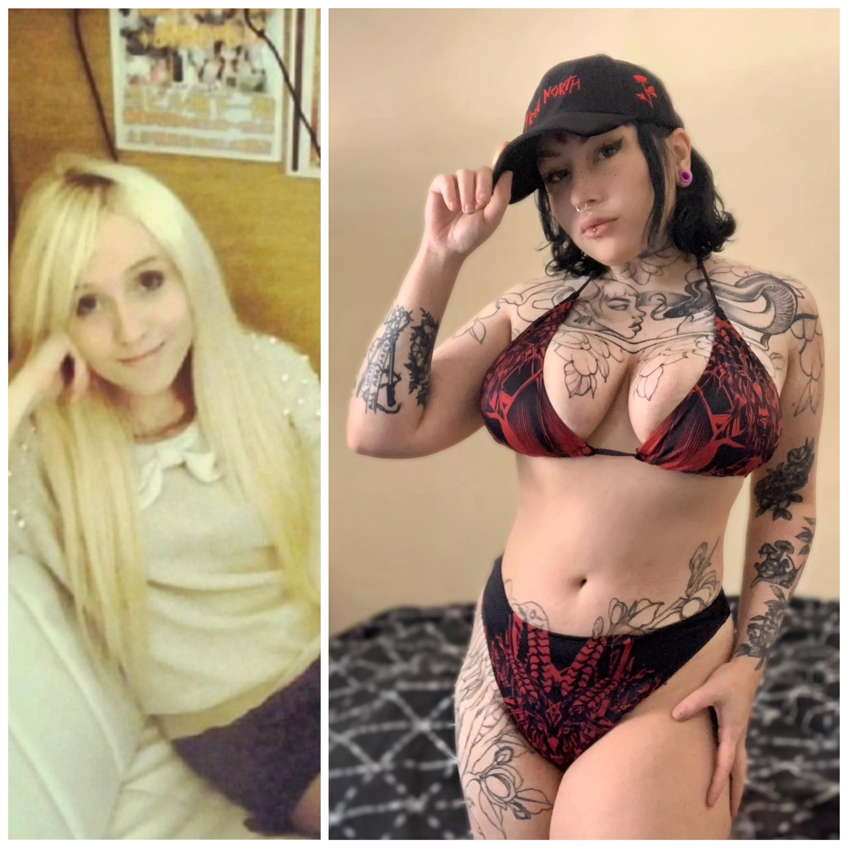 Boring blonde to curvy goth thot 🖤 So far I have only had some fillers and Botox, working towards BBL, breast lift, more lip filler, and smaller things like fake tan and nails 💅 Want to make me your goth bimbo doll?