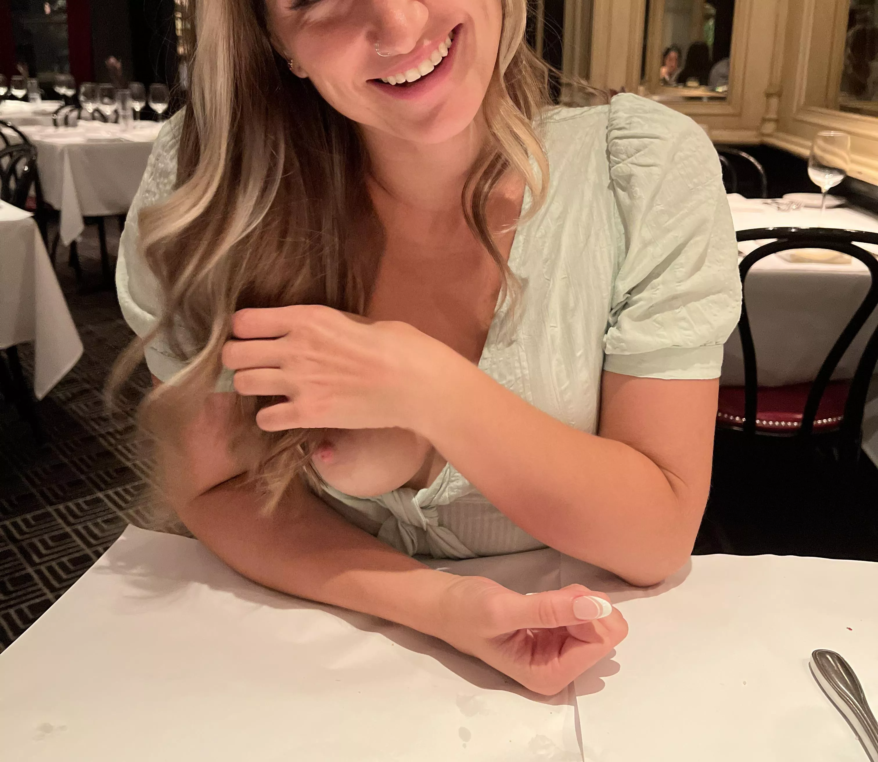 Tits out at dinner, the server was coming back right then