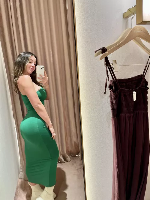 Hunting for a dress for an engagement party. I’m not sure if this is too much or not… Change room selfie 🤳 💚