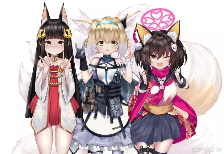The three little foxes of Yostar (Nagato from Azur Lane, Suzuran from Arknights, and Izuna from Blue Archive)
