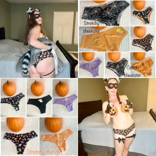 [selling] Halloween Special $40. Pick a pair of my Halloween themed panties and get 48hr wear, a set of 5 Halloween pics, a 90 second video of me in your panties and priority shipping. Extra add ons are available. Dm me to get yours today! (If this doesn