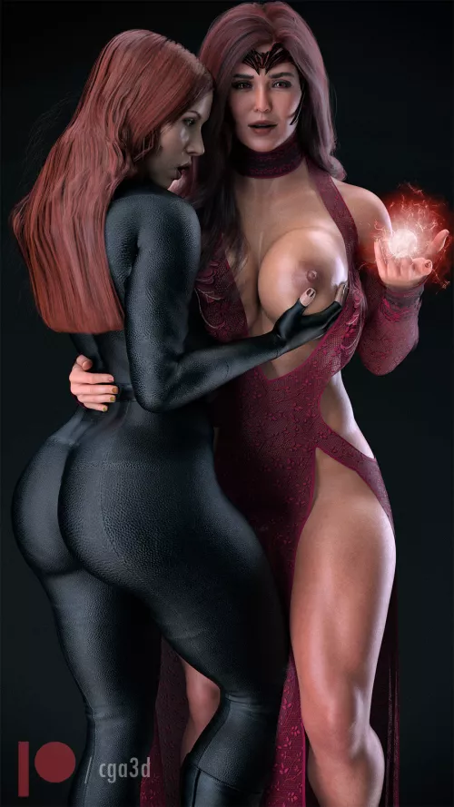 Black Widow playing with Scarlet Witch's titty (Cga3d) [Marvel]