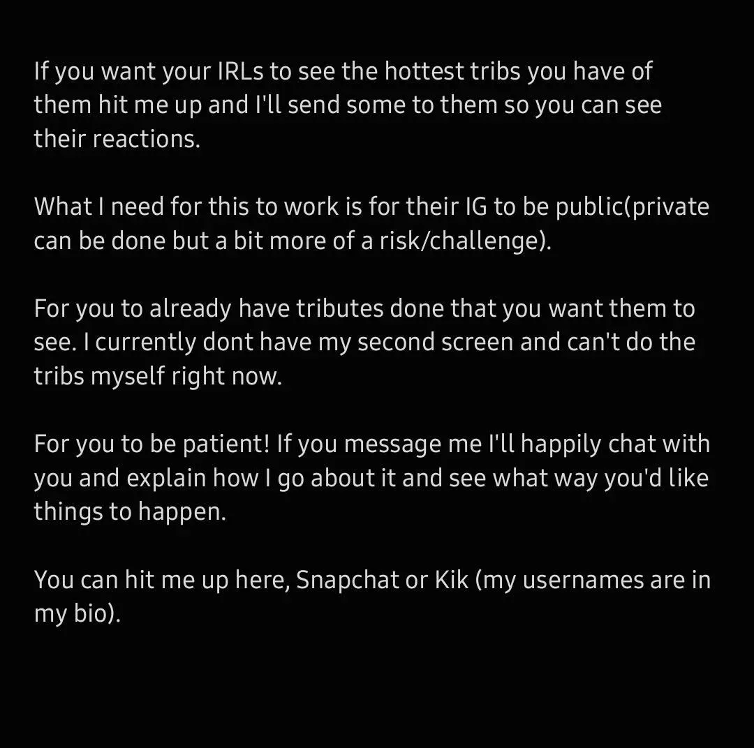 [Delivering tribs] IG back up and running (can also do private pages), Snapchat available too!