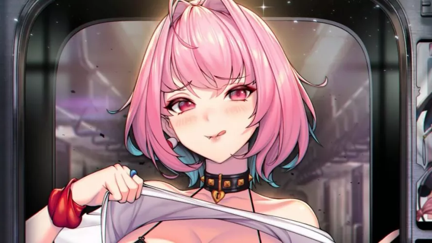 LF Color Source: pink hair, blush, pink eyes, choker, bracelet, raised shirt, ring, big breast, earring, black bra, white shirt, subway.