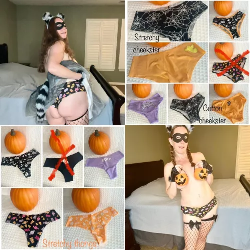 [selling] Halloween Special $40. Pick a pair of my Halloween themed panties and get 48hr wear, a set of 5 Halloween pics, a 90 second video of me in your panties and priority shipping. Extra add ons are available. Dm me to get yours today! (If this doesn