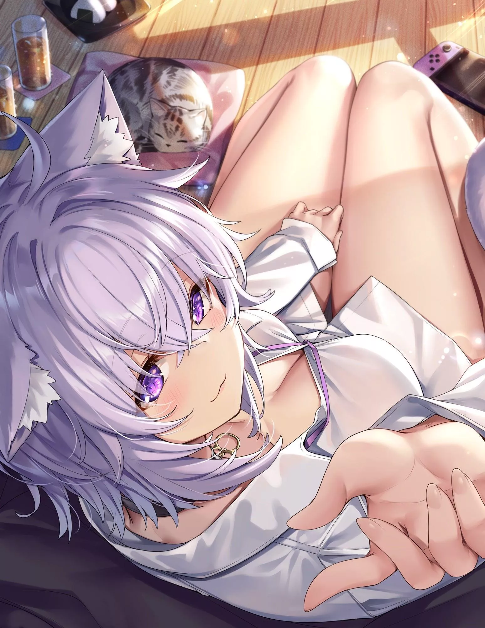 A white button up highlights Okayu’s pale thighs perfectly!