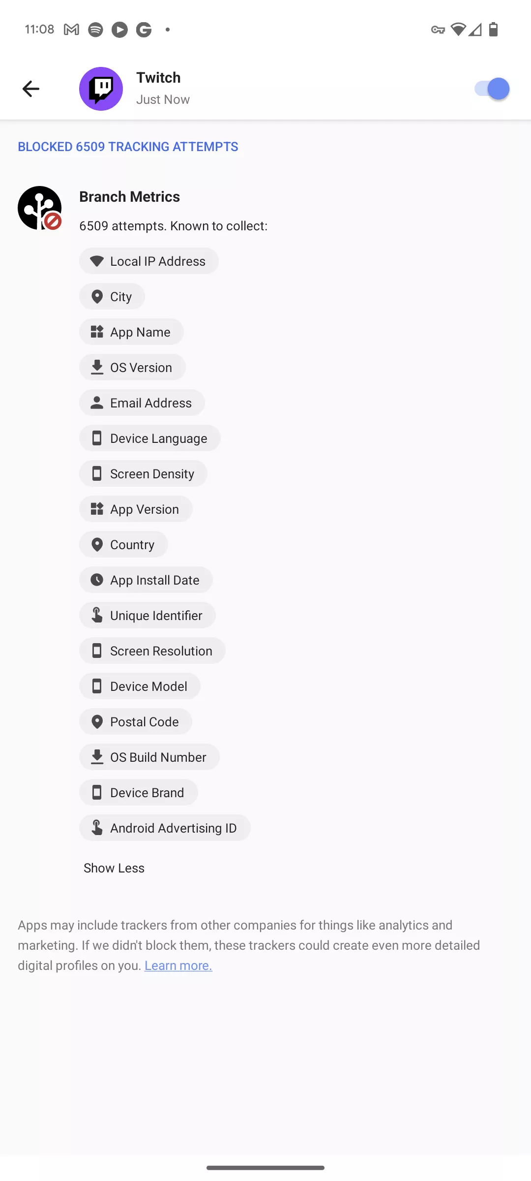 FYI: Twitch App attempted 6500 tracking attempts in the last 7 days.