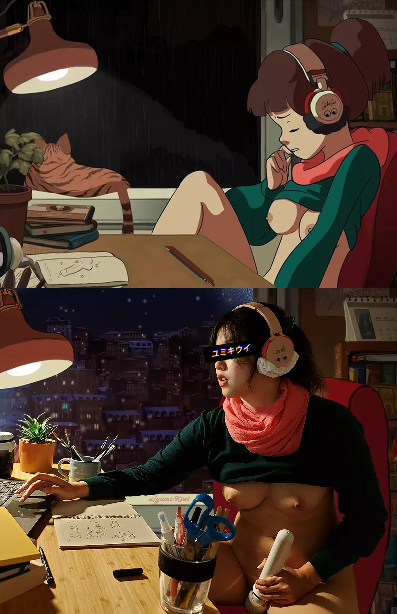 Lofi girl gets distracted studying, 2D versus 3D (Juan Pablo Machado / yumi-Kiwi ) [Chilled Cow]