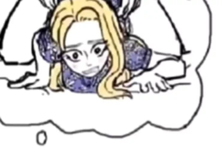 LF Color Source: 1girl, 1boy, meme, blonde hair, sex from behind, purple shirt, open eyes, torso grab/ass grab, doggy style, long hair, blush, text bubble