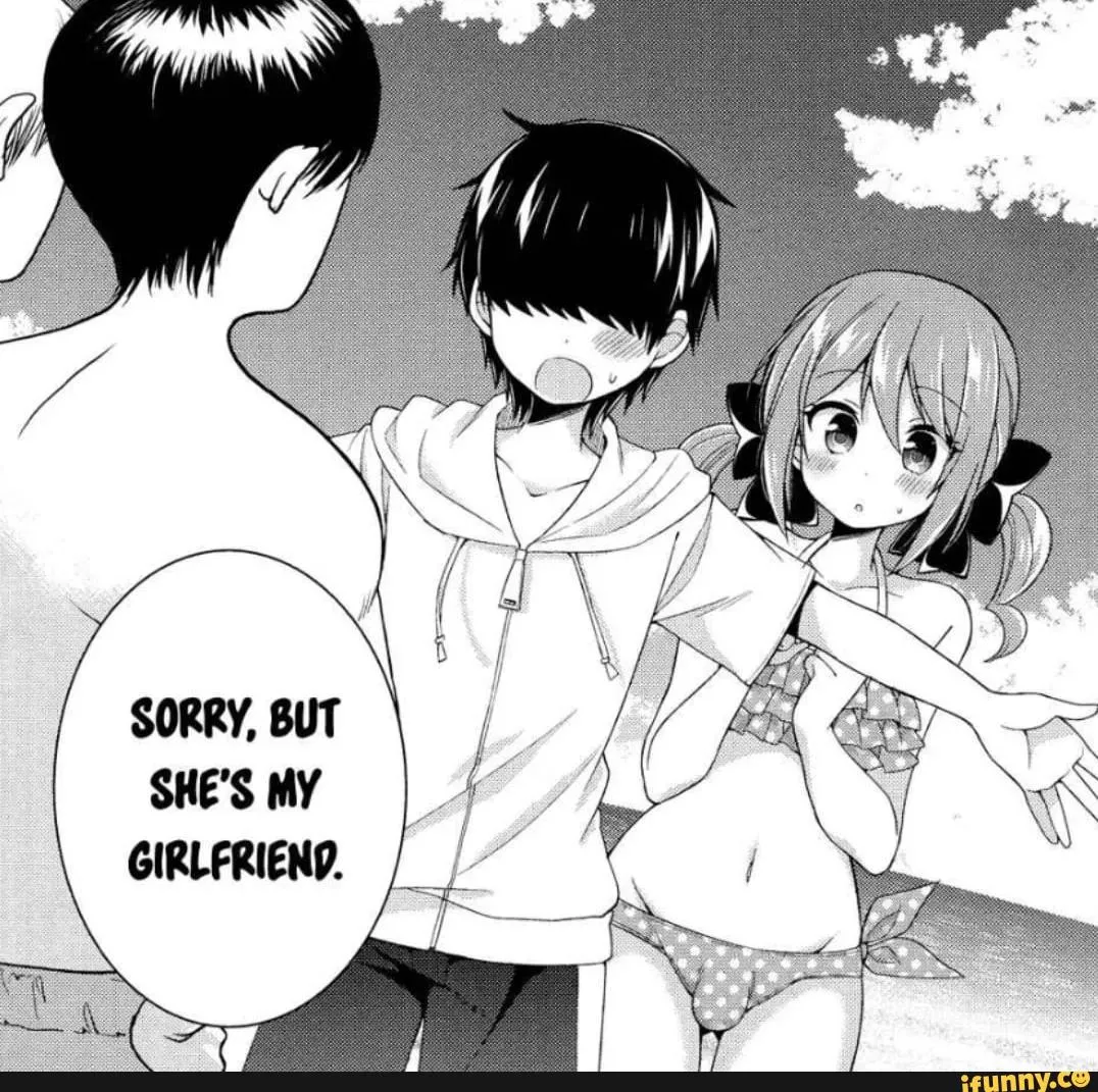 LF Mono Source: [What is the Manga name]“Sorry, but she’s my girlfriend”, 1girl, 2boys, 3boys, beach, bulge, frilled bikini, frills, groin, hair between eyes, hair ribbon, meme, no eyes, polka dot, short sleeves, sidelocks, trap, twintails, zipper