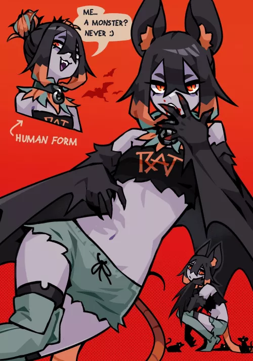 Anything can happen on Halloween Your dog could turn into a cat There maybe a toad in your bass guitar Or your sister could turn into a bat (art by milkytiddyboy)