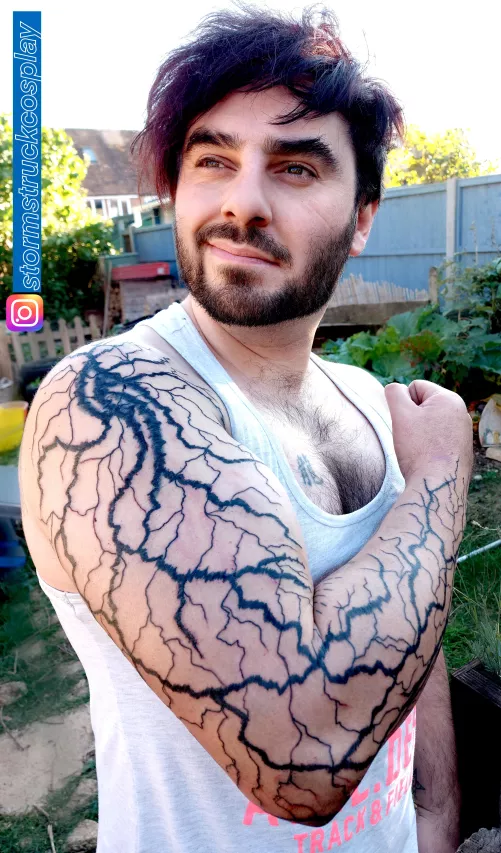 So, insane as it sounds, about a month ago I was struck by lightning! Today I had the scars tattooed over as a way of commemorating not being dead!