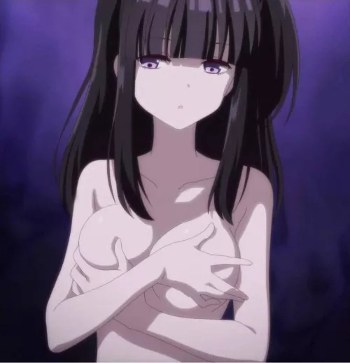 LF Color Source: 1girl, black hair, blunt bangs, breast grab, collarbone, covering breasts, crossed arms, grabbing own breasts, large breasts, long hair, looking at viewer, looking down, purple eyes, sidelocks, topless