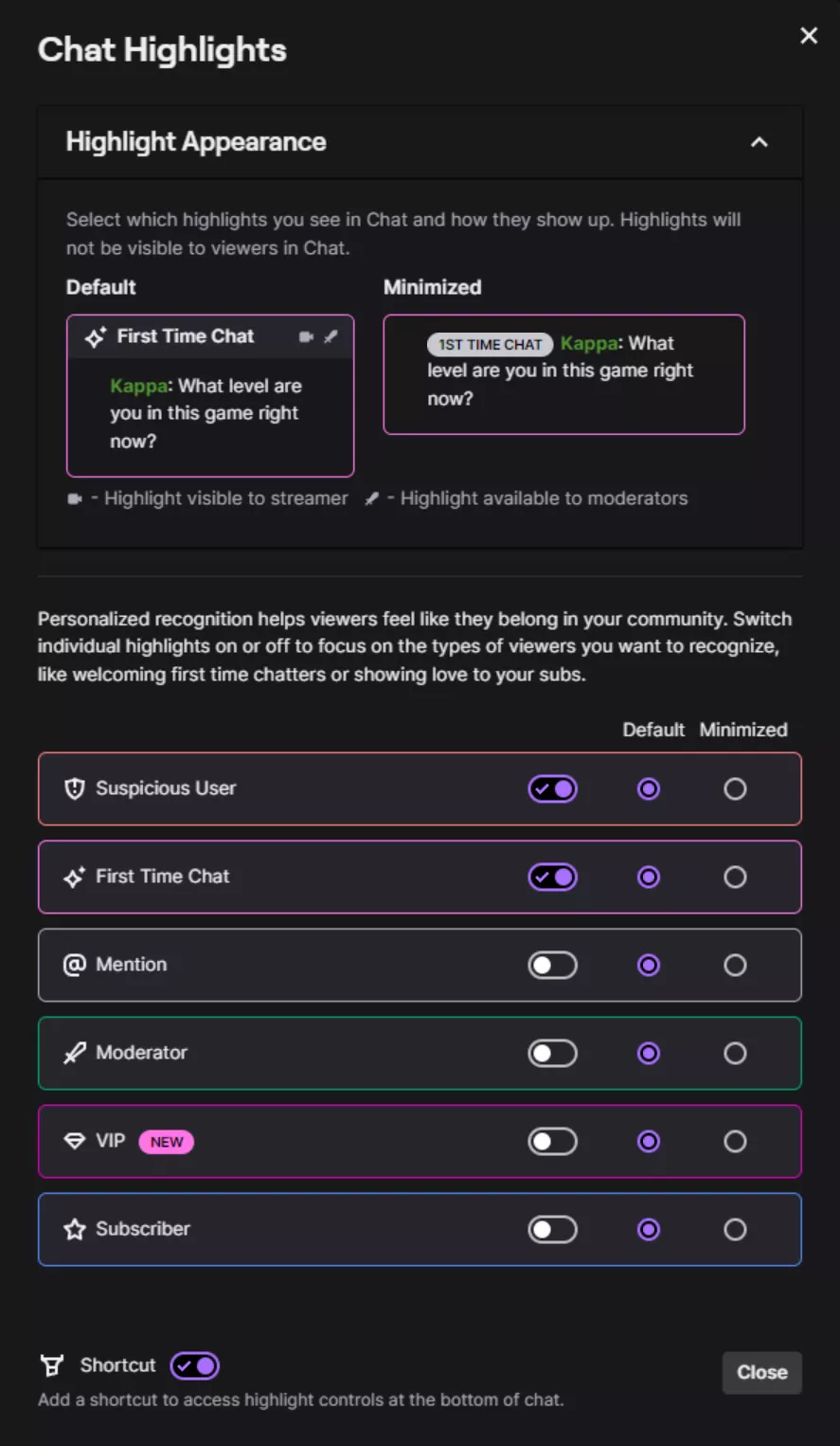 New Chat Highlights settings button under chat