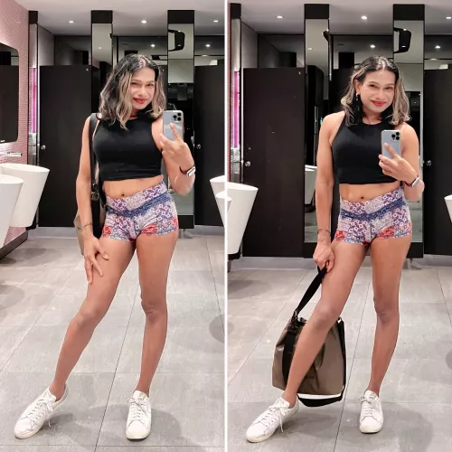 Went full femme, crop top, short shorts, push-up bra, skimpy thong, makeup, earrings, the works. Does the outfit and makeup come together for that slutty sissy look?