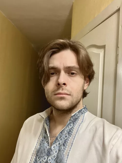 Me wearing a vyshyvanka (traditional Ukrainian embroidered shirt)