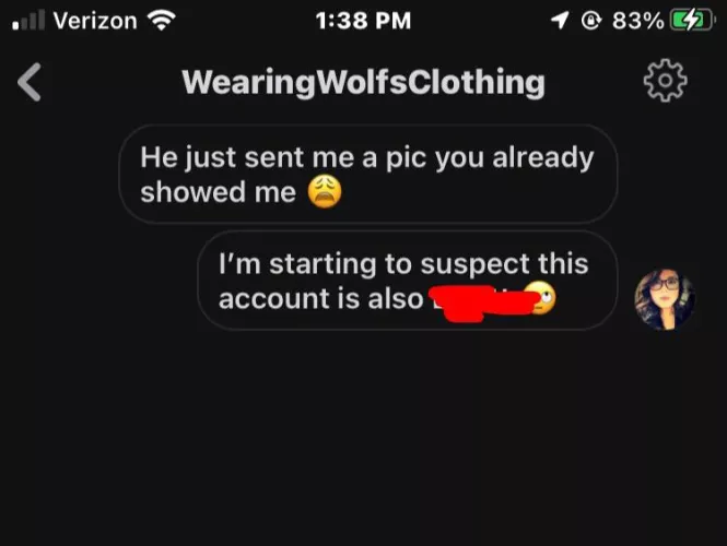 Beware /u/WearingWolfsClothing. Man posing as a woman to solicit nudes. Likely using photos of a partner or ex without her consent.