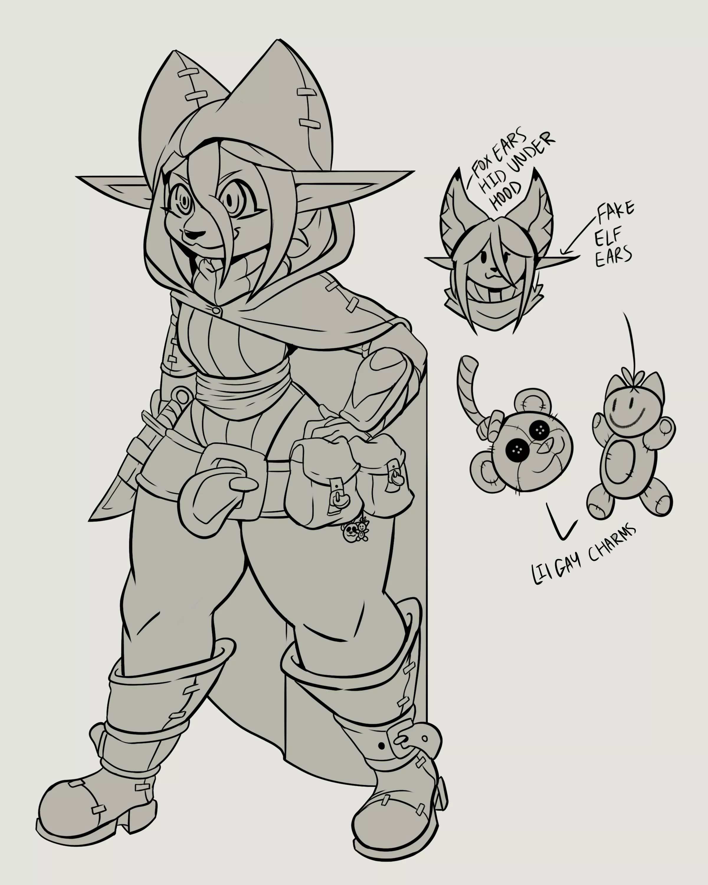 DnD Mago. She's an Elf Rogue that wears fake elf ears and hider her real ears under her hood.