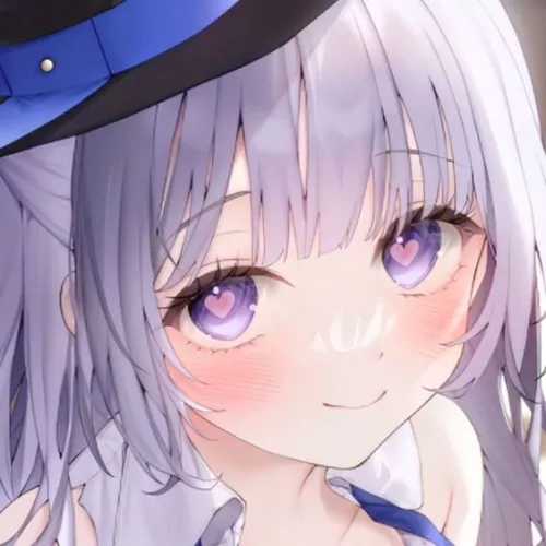 LF Color source: 1girl, purple hair, purple eyes, full bangs, heart shaped pupils, white clothes, looking at viewer, blue striped black hat, tied hair, close-up shot