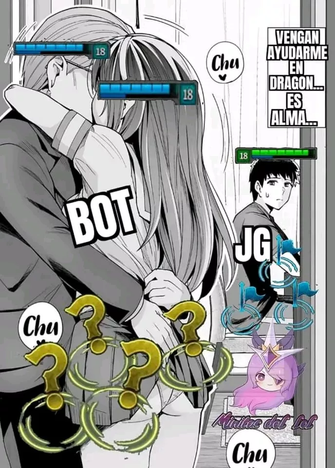 LF Mono Source manga: 1girl, 2boy, kissing, sitting, view from behind, hand on neck, skirt, panty, thighs, butt, no face, meme