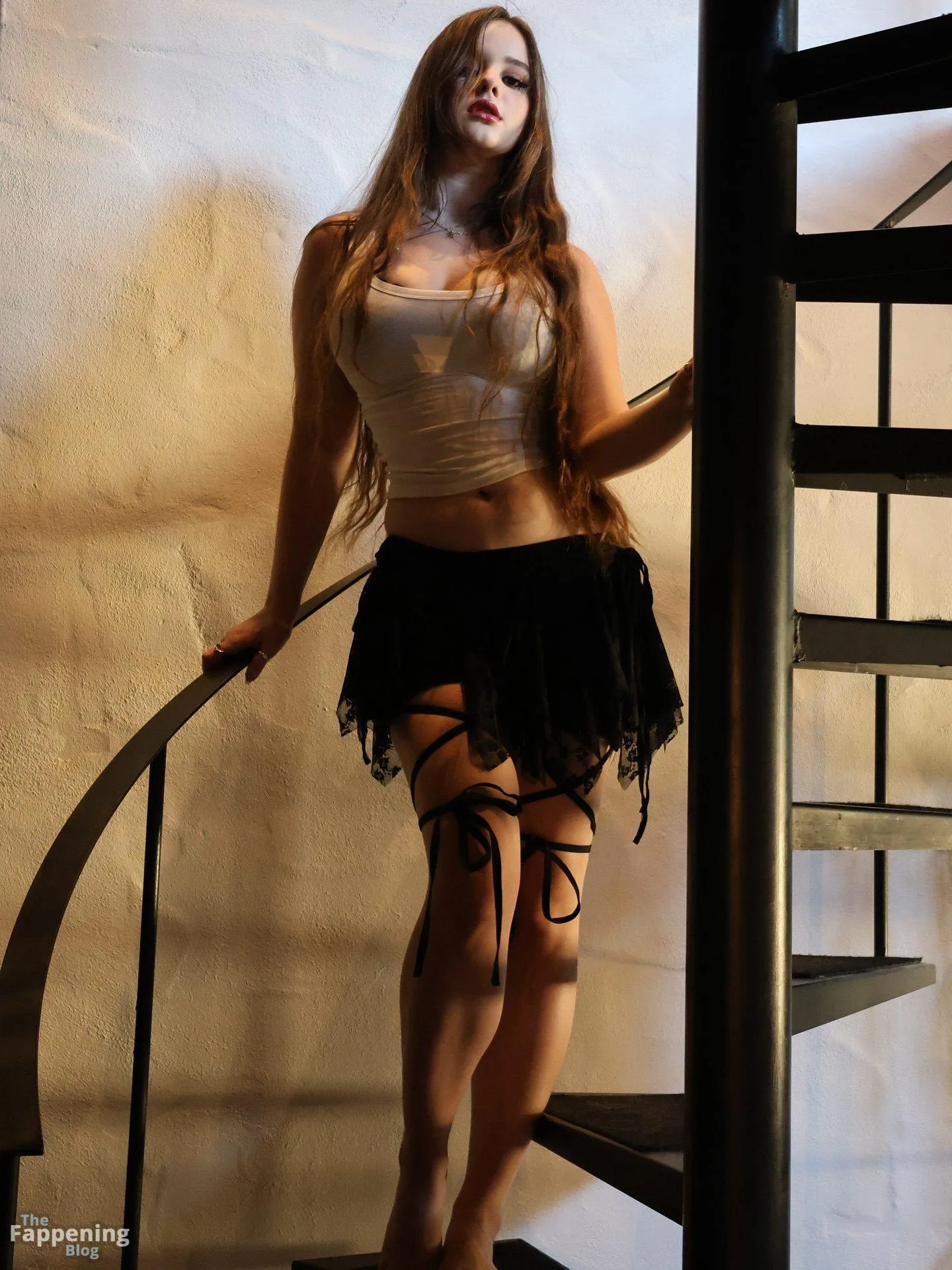 Isabella Ardley Poses in a Sheer Tank & Mini Skirt on Stairs (20 Photos)